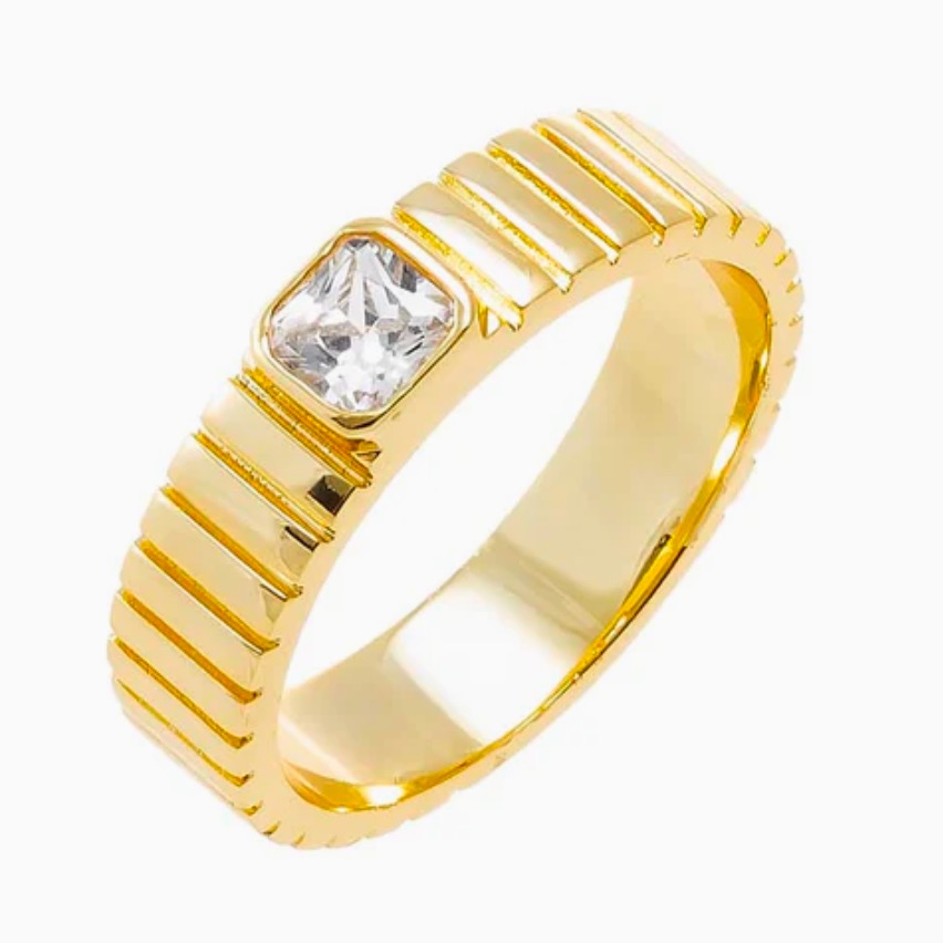 Cz Bezel Baguette Ridged Band Ring